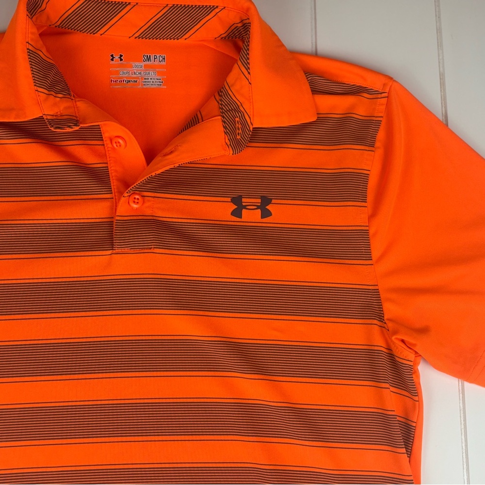 Under Armour Heat Gear Orange/Blue Striped Polo Shirt Sz Small